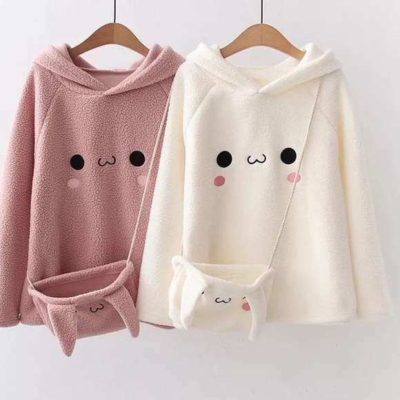 Rabbit ears sweater hoodie bag set fuzzy white cream fun Kawaii womens cartoon - Picture 6 of 6